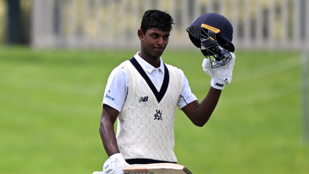 HOBART, AUSTRALIA - OCTOBER 30: Ashley Chandrasinghe of the Bushrangers celebrates scoring a century during the Sheffield Shield match between Tasmania and Victoria at Blundstone Arena, on October 30, 2022, in Hobart, Australia. (Photo by Steve Bell/Getty Images)