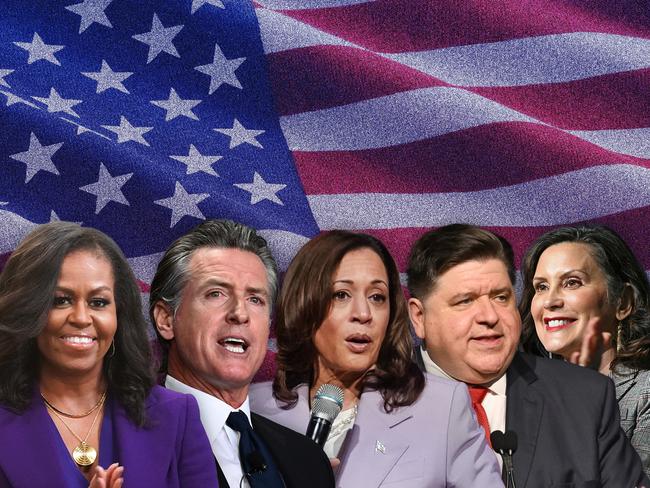 1 July 2024; A photo comp of Kamala Harris, Gavin Newsom, J.B. Pritzker,  Michelle Obama and Gretchen Whitmer. Collage. Sources supplied.