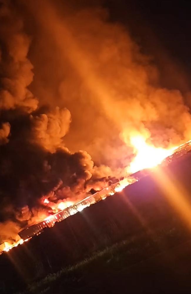 A huge explosion can be seen during a fire at a large industrial shed in Anakie, about 25 minutes from Geelong. Photo: Supplied.