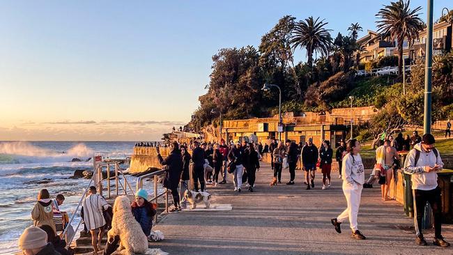 People gather at Sydney’s Bronte Beach, many without masks, despite “stay home” orders. Picture: Rachael Tosh-Provan