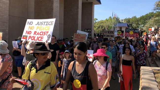 People marching at Darwin's Black Lives Matter rally on June 13, 2020. Picture: Madura McCormack/ NT News