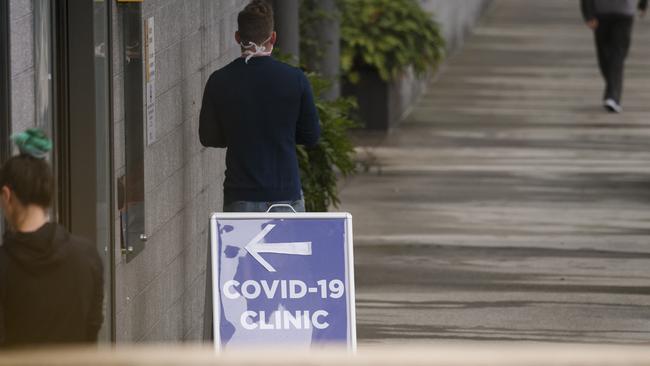 A sign for a COVID-19 clinic is seen at Royal North Shore Hospital in Sydney. Picture: Tim Pascoe.