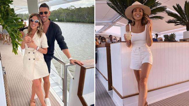 Georgie Love and model and clothes designer Nadia Bartel on board the MV Catalina in Noosa. Picture: Social Media