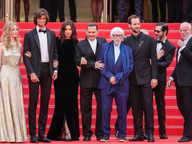 From left to right: Pauline Pollmann, Diego Le Fur, director Maïwenn, Johnny Depp, Pierre Richard, Benjamin Lavernhe, Melvil Poupaud and Pascal Greggory. Picture: Andreas Rentz/Getty Images