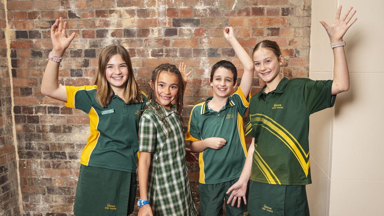 Geham State School students (from left) Ella Smart, Kaimani Phillips, Blake Shadwell and Rosie Widderick on day two of Sing Out 2024 at The Empire, Wednesday, June 5, 2024. Picture: Kevin Farmer