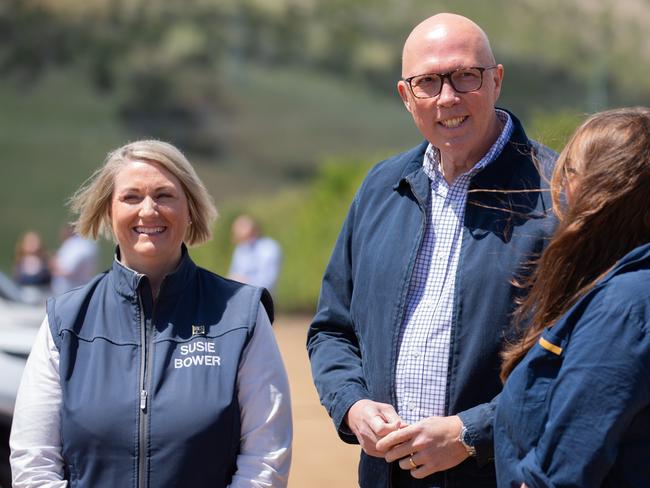 TASMANIA, AUSTRALIA - NewsWire Photos - Sunday, 10 November 2024:  Leader of the Opposition Peter Dutton at Littlewood Berry Farm in Richmond, Tasmania with Liberal candidate for Lyons Susie Bower and owner of Littlewood Berry Farm, Sophia Johnson. Picture: NewsWire / Linda Higginson