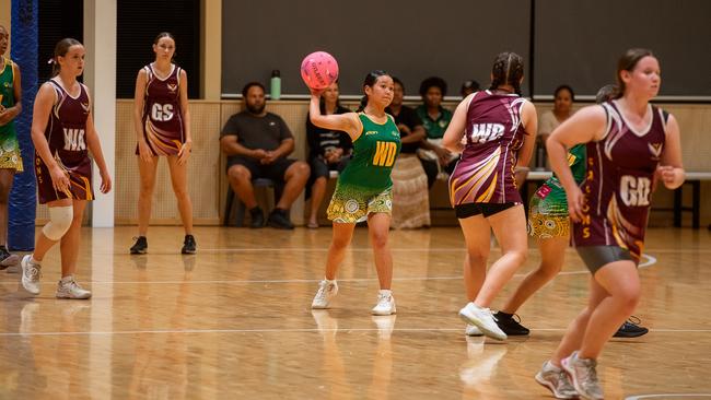 Tracy Village Falcons against the Pints Dragons in the 2023 Darwin Netball under-15 Div 2 grand final. Picture: Pema Tamang Pakhrin