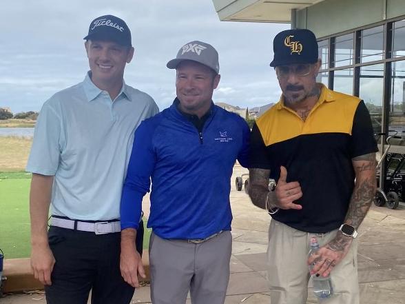 Nick Carter, Brian Littrell and AJ McLean from the Backstreet Boys at Sanctuary Lakes Golf Club.