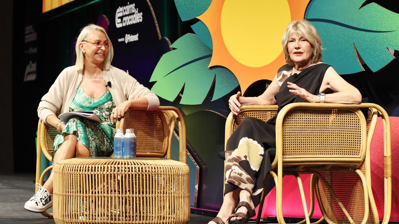News Corp Australia managing director of client partnerships Lou Barrett and Harvey Norman chief executive Katie Page speak at the first day the Cairns Crocodiles media, marketing and advertising conference, held at the Cairns Convention Centre. Picture: Brendan Radke