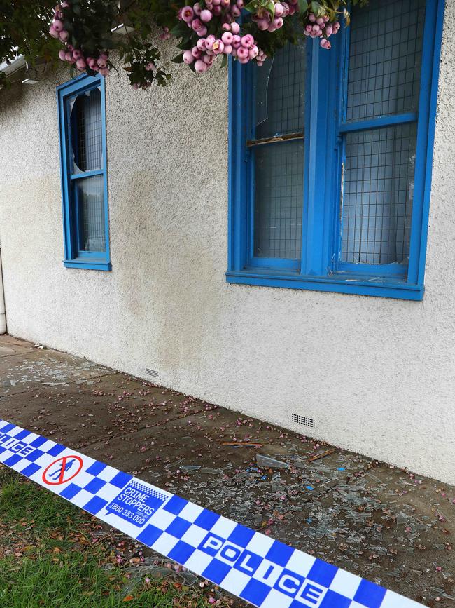 Broken windows at Australian Diving Instruction on Melbourne Rd Drumcondra where a man was injured during an explosion. Picture: Alison Wynd