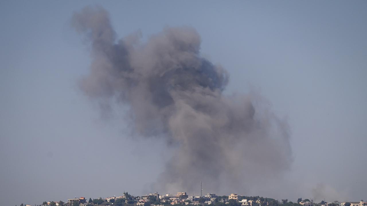 Smoke rises from a village across the border of Lebanon following a strike by the Israeli air force on October 04, 2024 in Rihaniya, Israel. Picture: Leon Neal/Getty Images