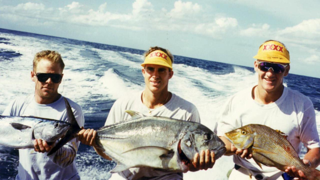 Queensland champions Andrew Bickel, Matt Hayden and Trevor Barsby with fish caught at Hutchies - 1996