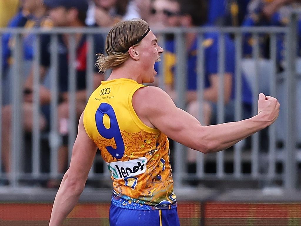 PERTH, AUSTRALIA - MAY 19: Harley Reid of the Eagles celebrates a goal during the round 10 AFL match between Waalitj Marawar (the West Coast Eagles) and Narrm (the Melbourne Demons) at Optus Stadium, on May 19, 2024, in Perth, Australia. (Photo by Paul Kane/Getty Images)