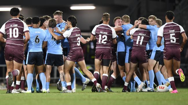 NSW and Qld under-19s players come together at Redcliffe last week. Picture: NRL Imagery