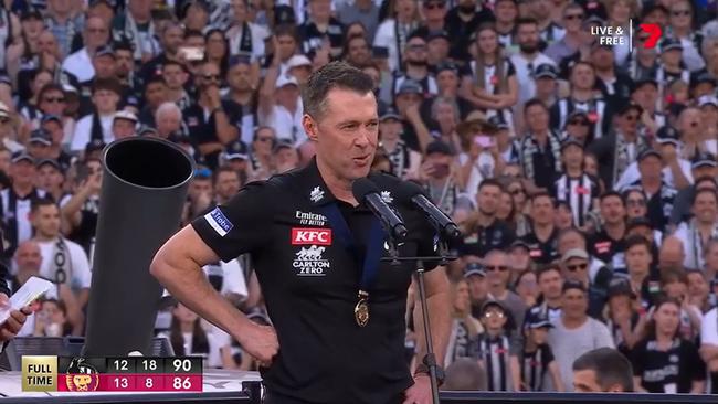 Collingwood coach Craig McRae reveals wife Gabrielle gave birth to their daughter on Grand Final day. Picture: Seven