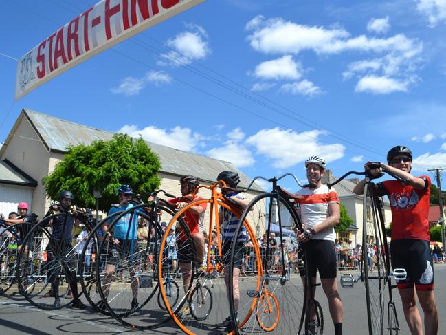 National Penny Farthing Championship racers at the starting line in Evandale. Picture: Supplied