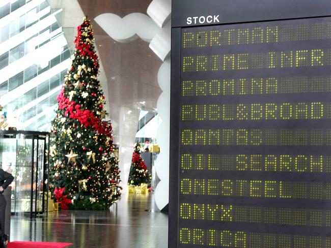 08/12/2004.The Australian Stock Exchange foyer, Riverside Centre, Eagle St, Brisbane City - ASX board and Christmas decorations in the foyer.