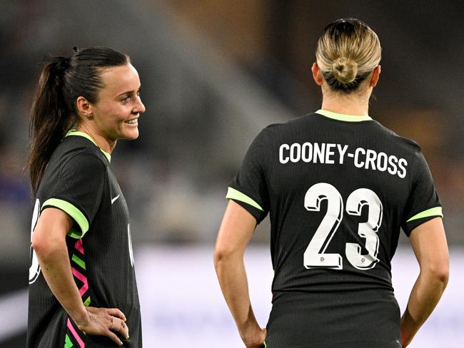 Matildas pair Hayley Raso (left) and Kyra Cooney-Cross reflect on their team’s loss to Colombia. Picture: Orlando Ramirez/Getty Images