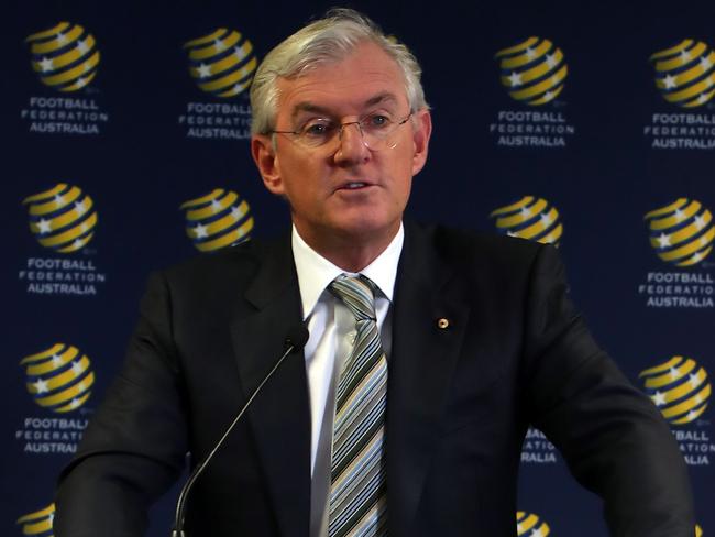 Football Federation Australia chairman Steven Lowy speaks at a press conference in Sydney on August 17, 2018. - Lowy said he will not seek re-election later this year, in a shock decision that comes amid a reform battle that could lead to a takeover by FIFA. (Photo by GLENN NICHOLLS / AFP) / -- IMAGE RESTRICTED TO EDITORIAL USE - STRICTLY NO COMMERCIAL USE --