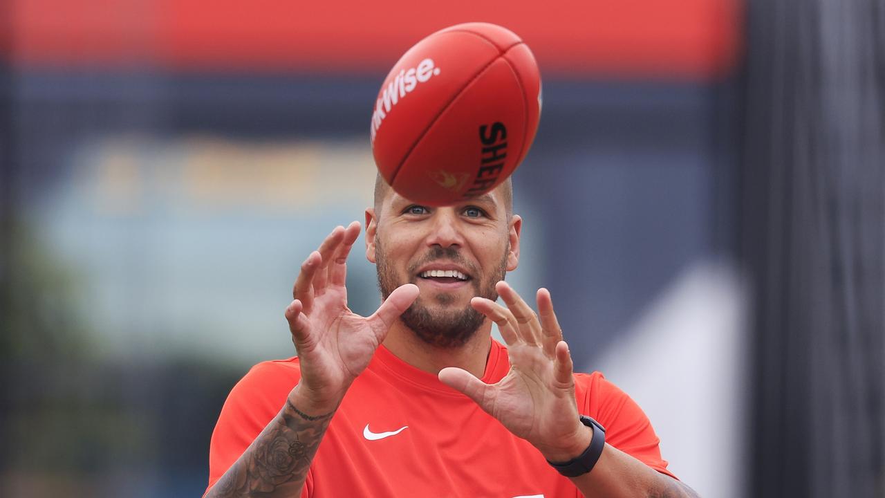 Lance Franklin gets involved at Sydney Swans training at Lakeside Oval on Monday. Picture: Getty Images