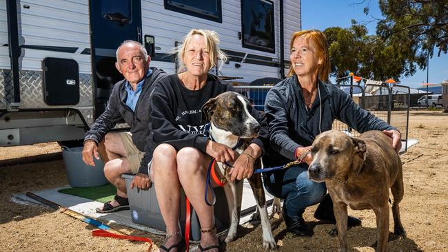 Neville Byrne, Roz Adams and Leanne Hart have evacuated from their house boats to the Mannum Football Oval. Picture: Tom Huntley