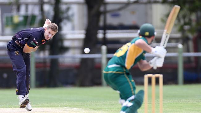 Former Brisbane Lions AFL captain Jonathan Brown is playing a one-off match for VTCA cricket club Yarraville Club against Strathmore at Walker Oval. Strathmore's John Bassi bowling.  Picture: Brendan Francis