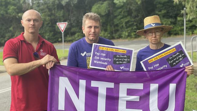 Lab tech and union member Jamie Mars, NTEU JCU branch president Jonathan Strauss, and JCU liaison librarian and union committee member Bronwen Forster. Photo: Dylan Nicholson