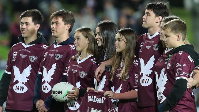 SYDNEY, AUSTRALIA - JUNE 11: TheÃÂ grandchildren of Bob Fulton present the official match ball during the round 14 NRL match between the Manly Sea Eagles and the North Queensland Cowboys at 4 Pines Park, on June 11, 2021, in Sydney, Australia. (Photo by Mark Metcalfe/Getty Images)