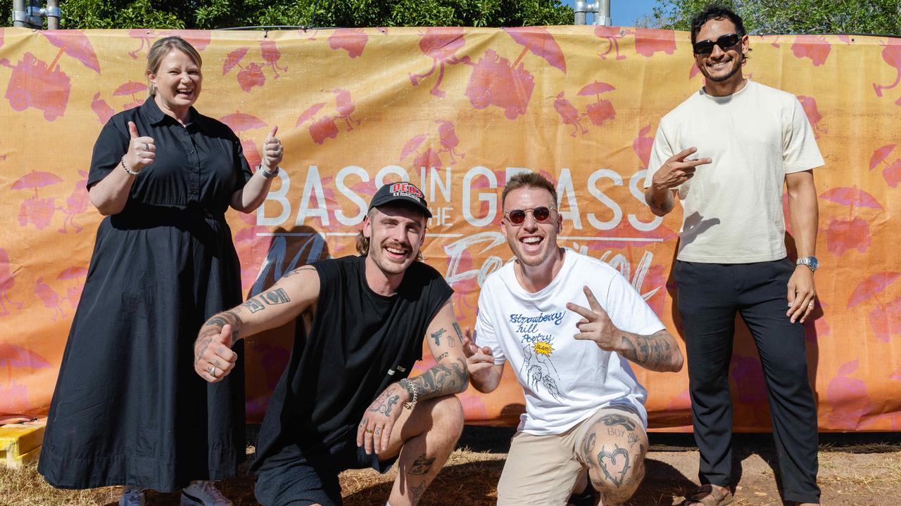 NT Major Events chair Penny Priest, LUUDE, Tim Benson and Darwin-born artist Marlon Motlop ahead of BASSINTHEGRASS 2025. Picture: Pema Tamang Pakhrin