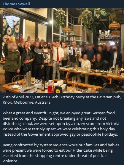 Leaked, encrypted Telegram messages from Sewell showed the group allegedly gathered to celebrate Hitler’s birthday. Picture: Supplied