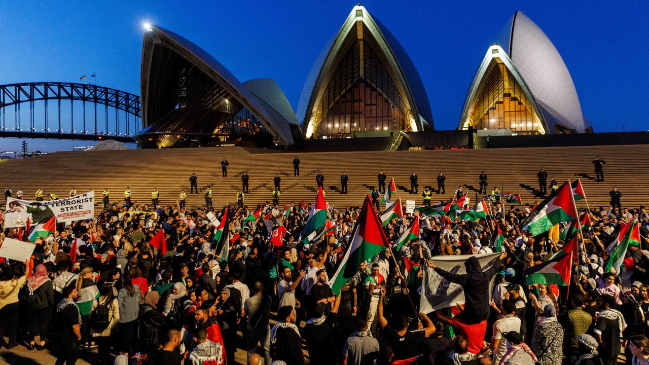 Pro-Palestine supporters outside the Sydney Opera House on October 9, 2023. Picture: David Swift