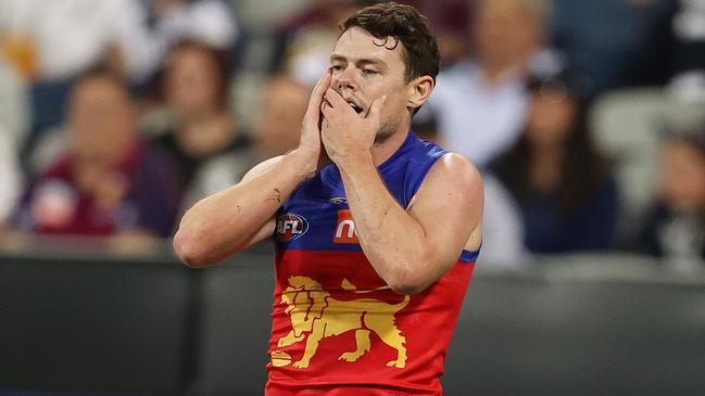 Lachie Neale took one in the jaw against Geelong. Pic: Michael Klein