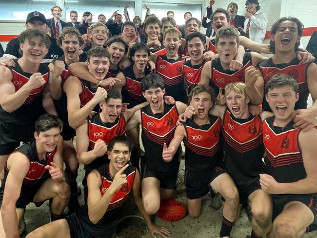 Rostrevor College celebrates its dramatic First XVIII win over PAC. Picture: Claude Beltrame