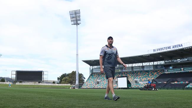 Adam Griffith on the Blundstone Arena field. Picture: LUKE BOWDEN