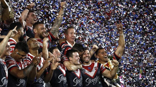 The Roosters celebrate with the Premiership Trophy. Picture: Ryan Pierse/Getty Images