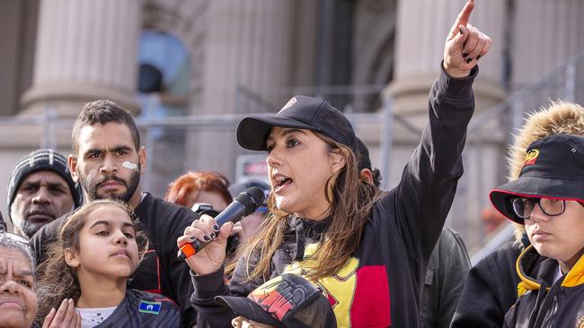 Lydia Thorpe addresses a NAIDOC week rally in Melbourne. Picture: Daniel Pockett