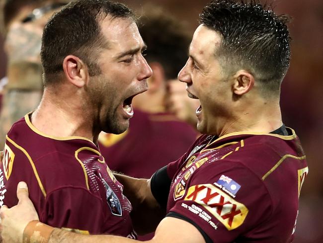 BRISBANE, AUSTRALIA - JULY 12:  Cameron Smith and Cooper Cronk of the Maroons celebrate winning game three of the State Of Origin series between the Queensland Maroons and the New South Wales Blues at Suncorp Stadium on July 12, 2017 in Brisbane, Australia.  (Photo by Mark Kolbe/Getty Images)