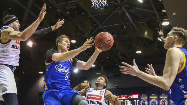 Bullets star Cameron Bairstow passes under the basket on Saturday. Picture: AAP