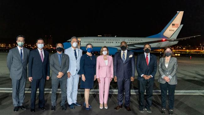 Speaker of the US House of Representatives Nancy Pelosi with her delegation upon arrival at Sungshan Airport in Taiwan. Picture: AFP