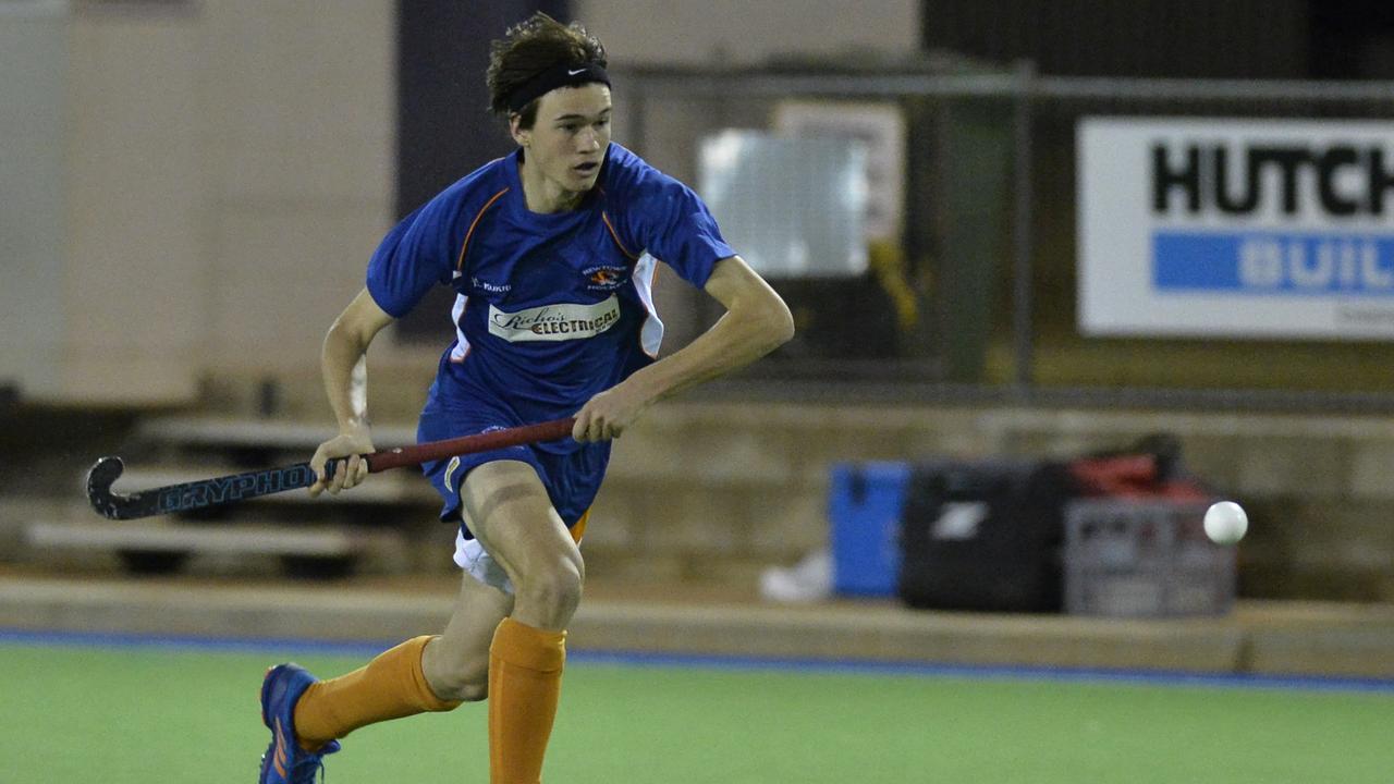 Nathan Mead of Newtown against Norths players in A1 mens hockey at Clyde Park, Friday, July 19, 2019.