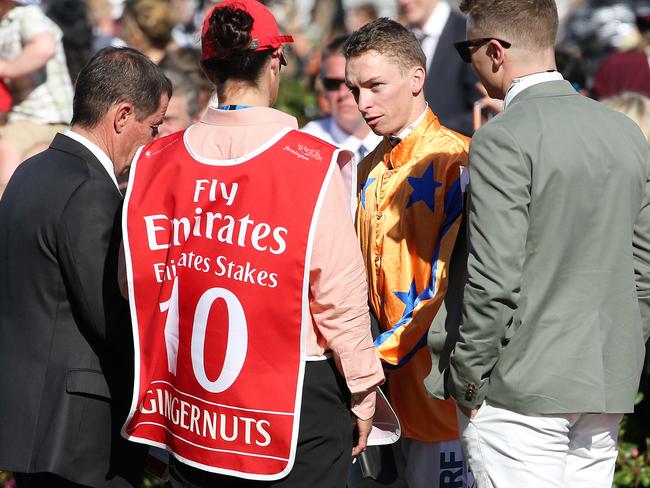 Michael Dee talks with connections of Gingernuts after the stayer broke down on the way to the barrier. Picture: Michael Klein