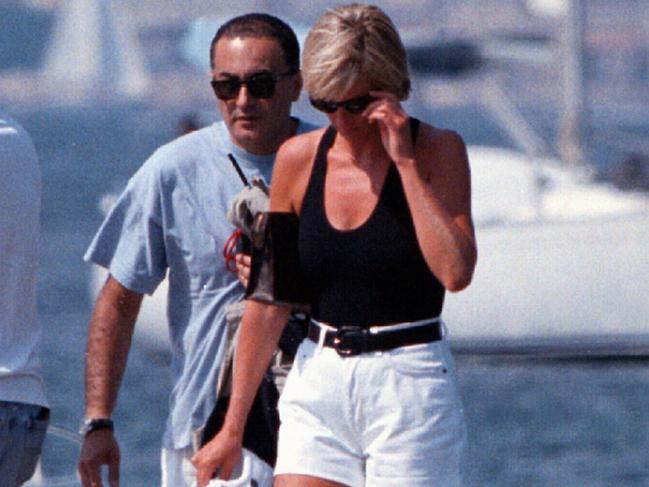 Diana, Princess of Wales with Dodi Al Fayed, walk on a pontoon in St Tropez on August 22, 1997. Picture: Patrick Bar/Nice/Matin