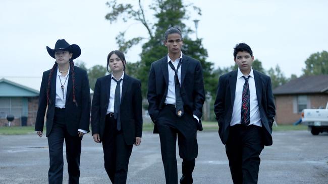 (L-R): Willie Jack (Paulina Alexis), Elora Danan Postoak (Devery Jacobs), Bear (D’Pharaoh Woon-A-Tai), Cheese (Lane Factor) in Reservation Dogs.