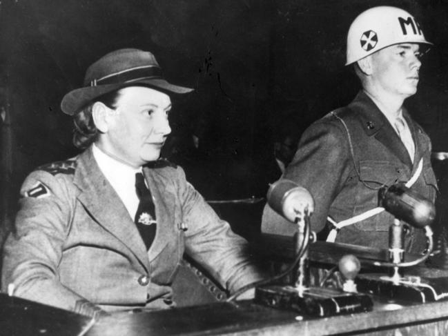 World War Two II Singapore Bangka Island massacre survivor nurse Sister Vivian Statham (nee Bullwinkel) (l) gving evidence at War Crimes trial in Japan 25 Jun 1958. 1950shistorical