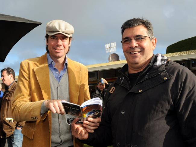 Then-AFL boss Andrew Demetriou enjoys a day at the Warrnambool races with Gillon McLachlan.