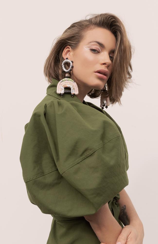 Model Alex wears Gail Sorronda dress and Ruby Phyllis earrings, hair and makeup by Kelly Vaughan for Stefan. Picture: Grace Elizabeth Images