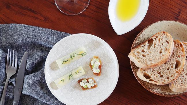 Kohlrabi apple and dill, and chicken skin avocado finger lime. Picture: Rebecca Michael.