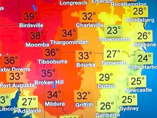 Friday will see mid twenties highs the norm on the east coast rising to the thirties inland. Picture; BOM.