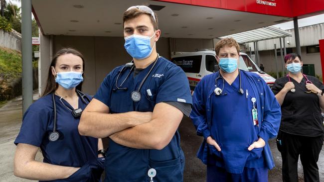 Emergency department nurses Fiona, Jackson, Dean and Helen have all been violently assaulted by patients while at work. Picture: David Geraghty