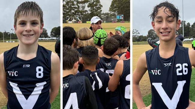 Big V stars: Lachlan O’Brien (left), Victoria’s coach Leigh McQuillen and Cooper Andrew.